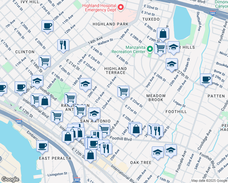 map of restaurants, bars, coffee shops, grocery stores, and more near 2047 22nd Avenue in Oakland