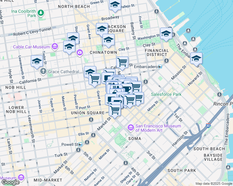 map of restaurants, bars, coffee shops, grocery stores, and more near 122/15 Montgomery Street in San Francisco