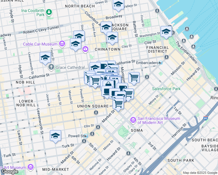 map of restaurants, bars, coffee shops, grocery stores, and more near 255 Sutter Street in San Francisco