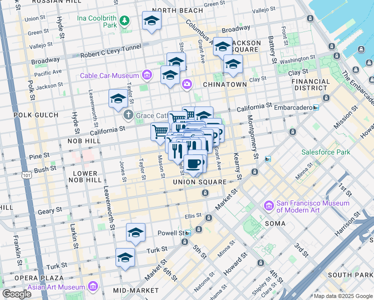 map of restaurants, bars, coffee shops, grocery stores, and more near 465 Sutter Street in San Francisco