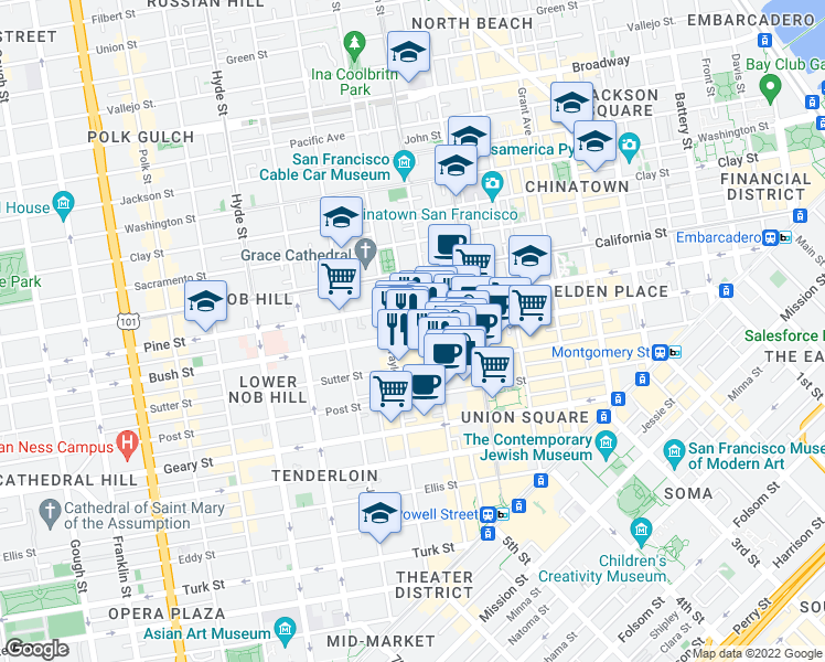 map of restaurants, bars, coffee shops, grocery stores, and more near in San Francisco