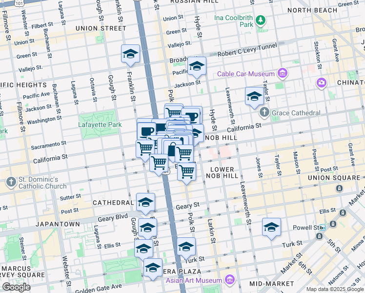 map of restaurants, bars, coffee shops, grocery stores, and more near 1430-1444 Bush Street in San Francisco