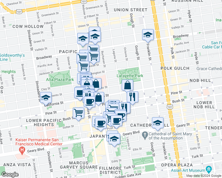 map of restaurants, bars, coffee shops, grocery stores, and more near 2162 California Street in San Francisco