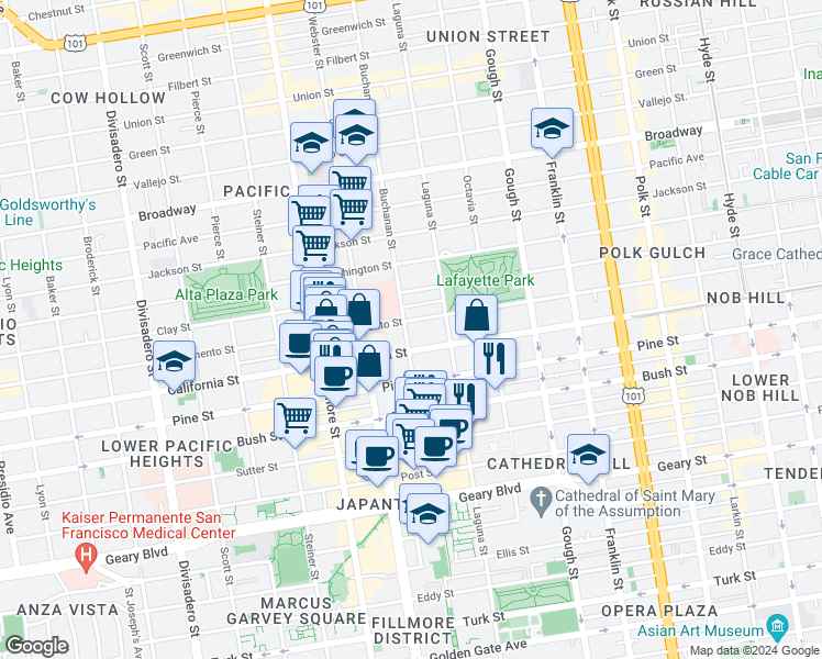 map of restaurants, bars, coffee shops, grocery stores, and more near 2162 California Street in San Francisco