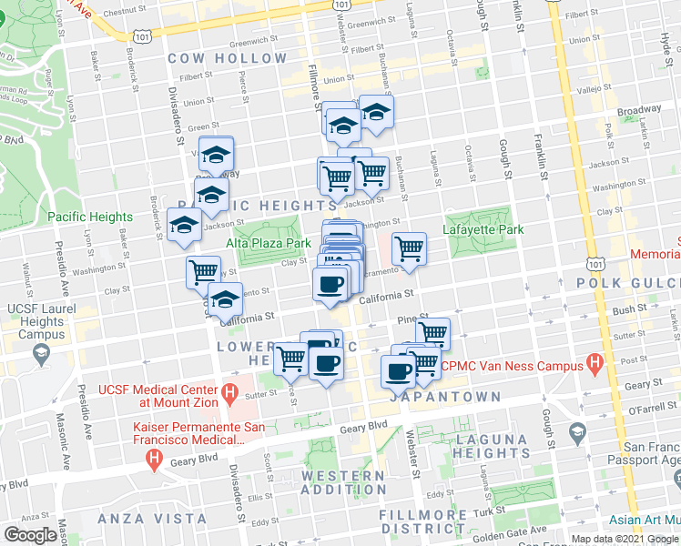 map of restaurants, bars, coffee shops, grocery stores, and more near in San Francisco