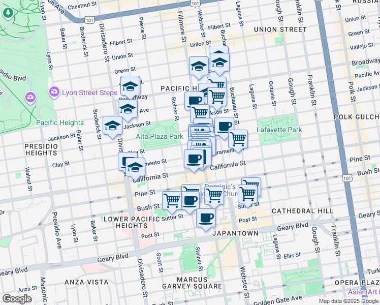 map of restaurants, bars, coffee shops, grocery stores, and more near in San Francisco