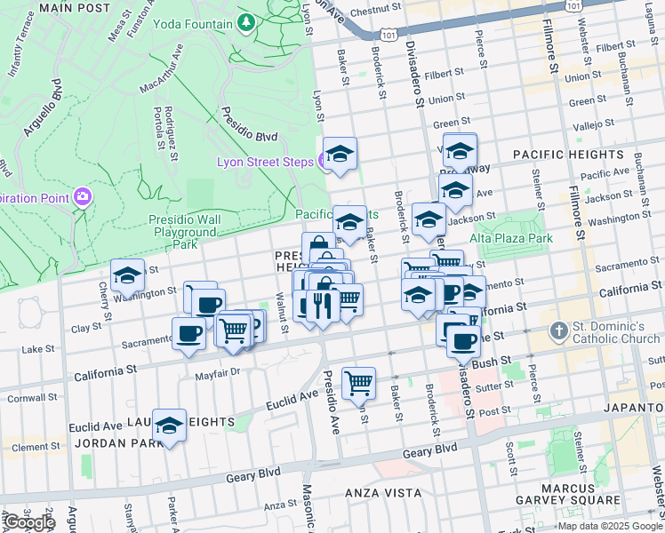 map of restaurants, bars, coffee shops, grocery stores, and more near 3234 Clay Street in San Francisco