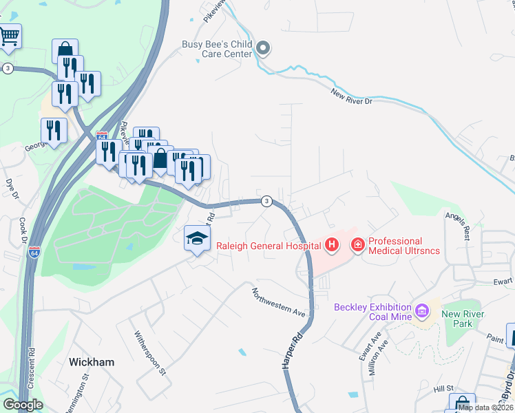 map of restaurants, bars, coffee shops, grocery stores, and more near 102 Oakhurst Dr in Beckley