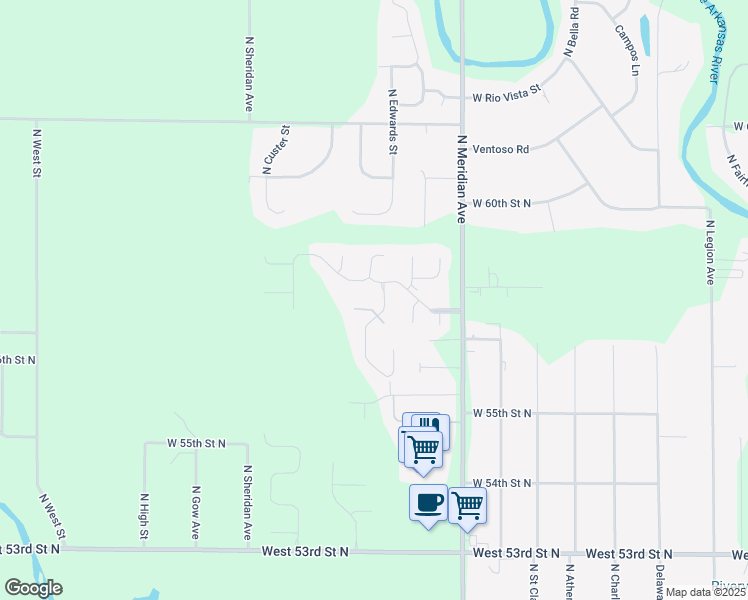 map of restaurants, bars, coffee shops, grocery stores, and more near 58th Street in Wichita