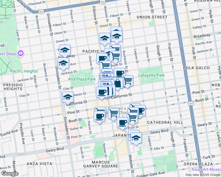 map of restaurants, bars, coffee shops, grocery stores, and more near 2470 Sacramento Street in San Francisco