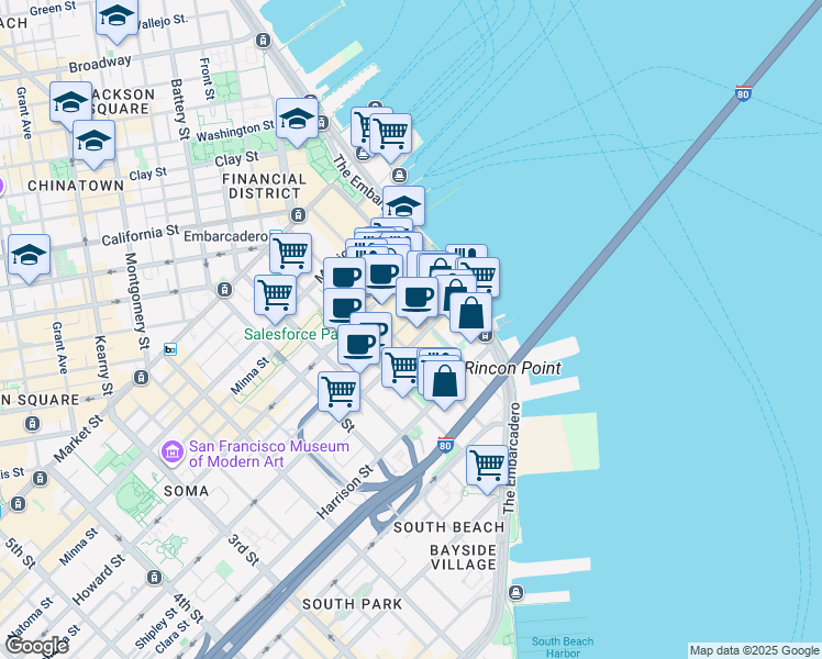 map of restaurants, bars, coffee shops, grocery stores, and more near 280 Spear Street in San Francisco