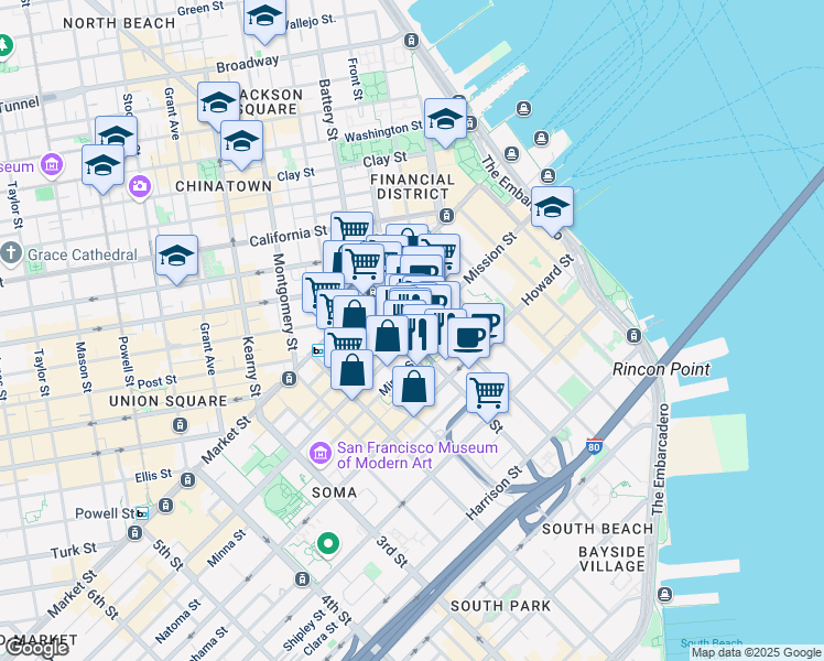 map of restaurants, bars, coffee shops, grocery stores, and more near 101 1st Street in San Francisco