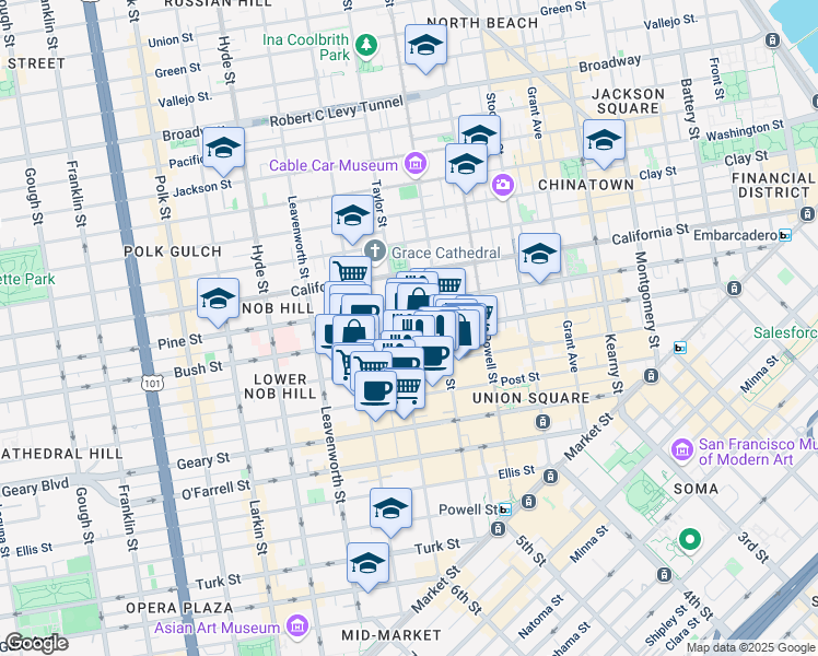 map of restaurants, bars, coffee shops, grocery stores, and more near 895 Bush Street in San Francisco
