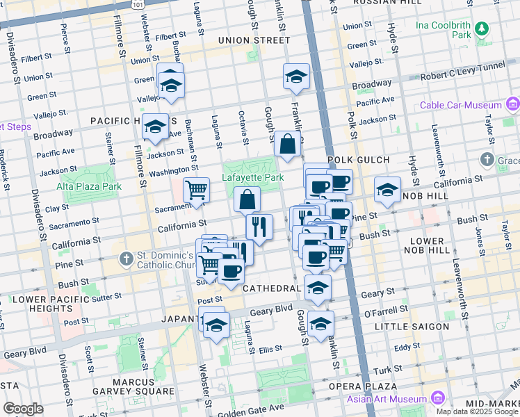 map of restaurants, bars, coffee shops, grocery stores, and more near 1988 California Street in San Francisco