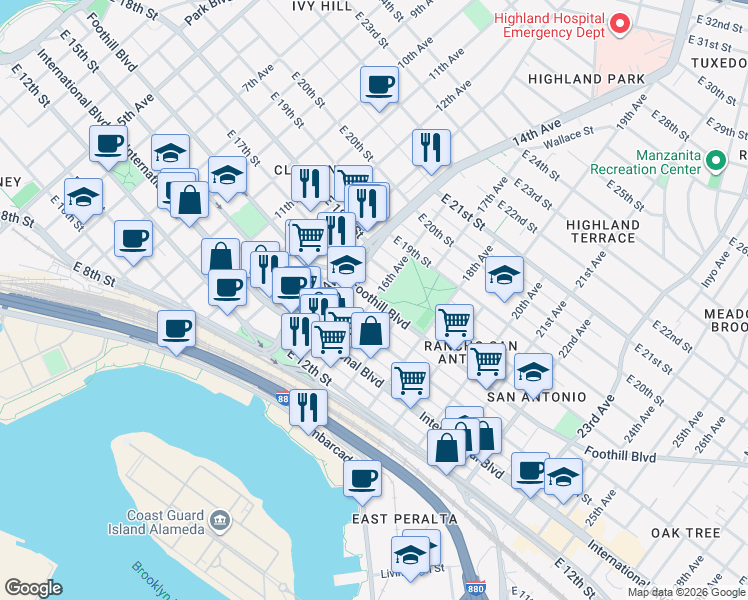 map of restaurants, bars, coffee shops, grocery stores, and more near Foothill Boulevard & 16th Avenue in Oakland