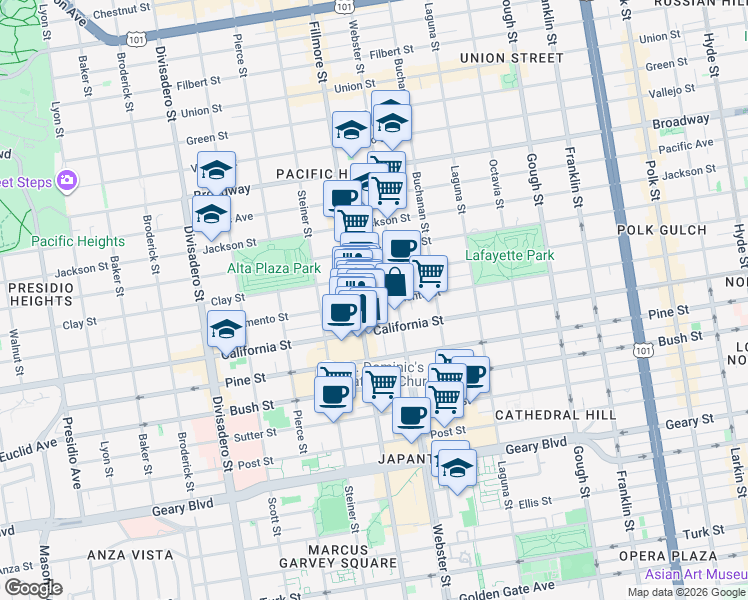 map of restaurants, bars, coffee shops, grocery stores, and more near 2466 Sacramento Street in San Francisco