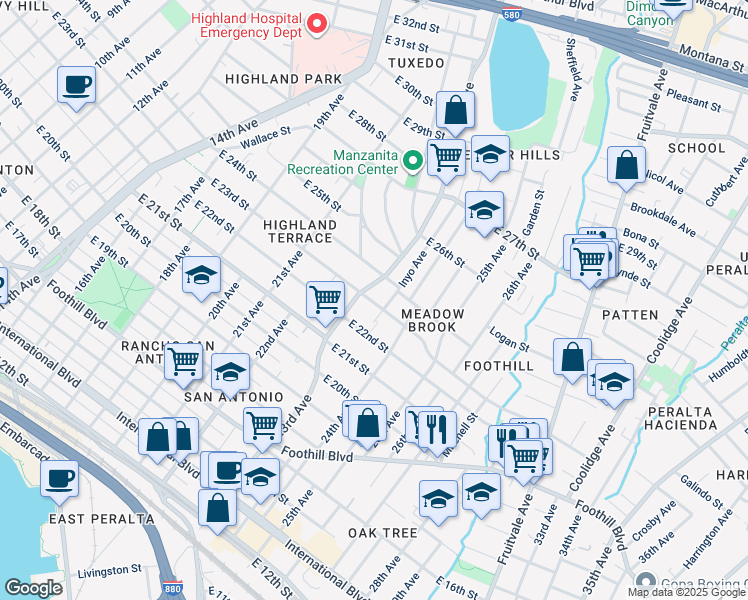 map of restaurants, bars, coffee shops, grocery stores, and more near 2320 East 23rd Street in Oakland