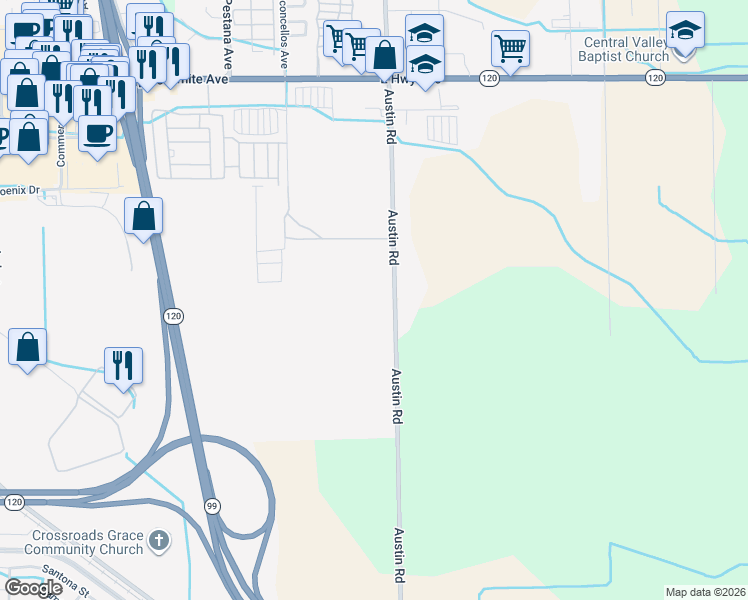 map of restaurants, bars, coffee shops, grocery stores, and more near 719 South Austin Road in Manteca