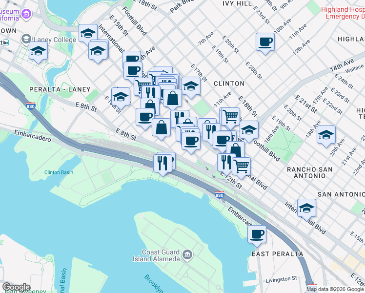 map of restaurants, bars, coffee shops, grocery stores, and more near 1136 East 8th Street in Oakland