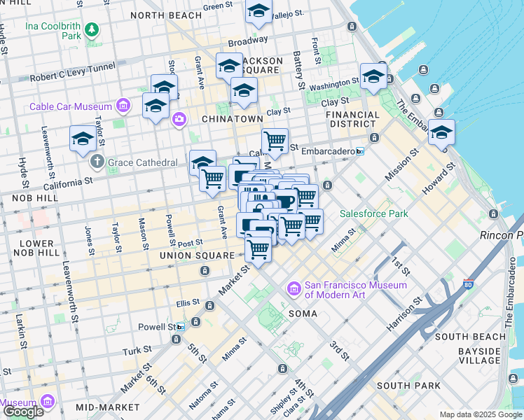 map of restaurants, bars, coffee shops, grocery stores, and more near 140 Sutter Street in San Francisco