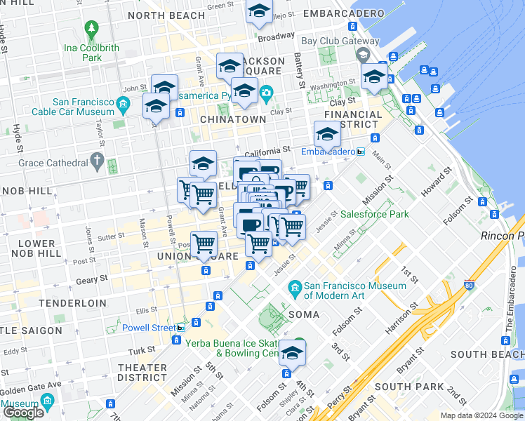 map of restaurants, bars, coffee shops, grocery stores, and more near 140 Sutter Street in San Francisco