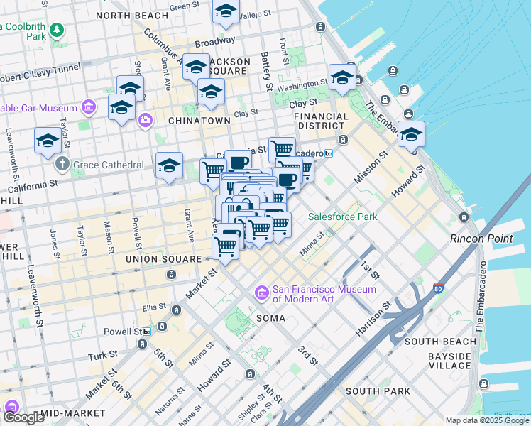 map of restaurants, bars, coffee shops, grocery stores, and more near 548 Market Street in San Francisco