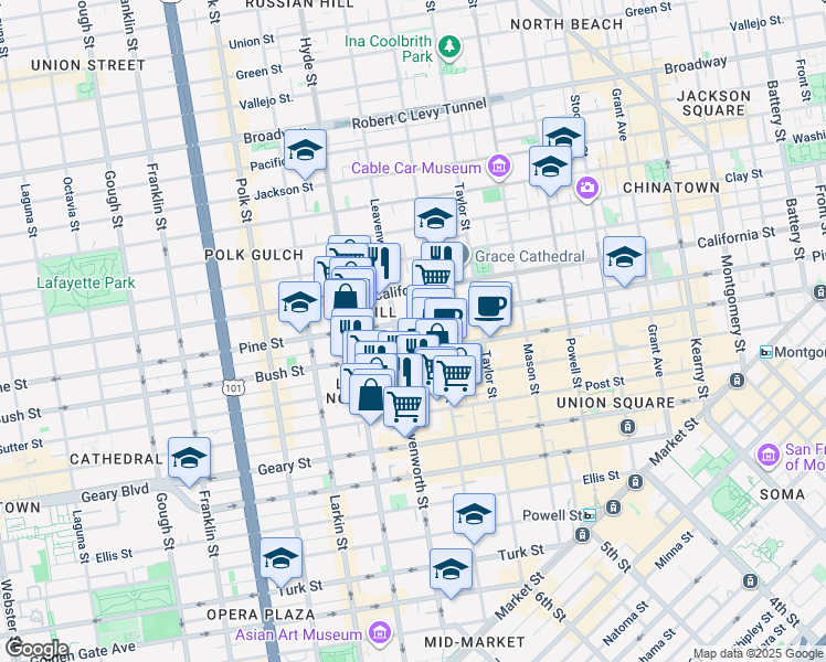 map of restaurants, bars, coffee shops, grocery stores, and more near 1155 Pine Street in San Francisco