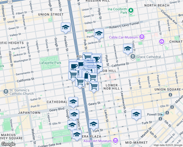 map of restaurants, bars, coffee shops, grocery stores, and more near 1430-1444 Bush Street in San Francisco