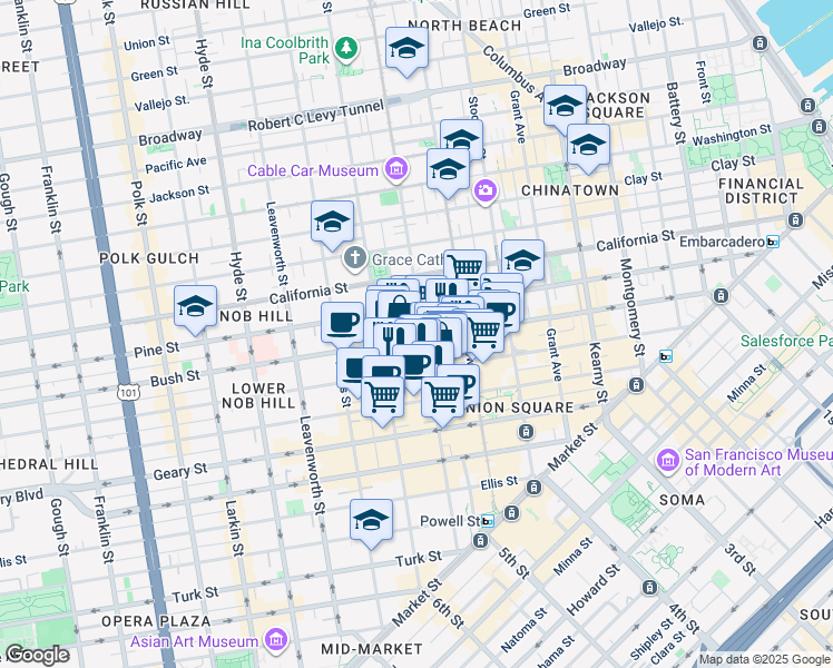 map of restaurants, bars, coffee shops, grocery stores, and more near 825 Bush Street in San Francisco