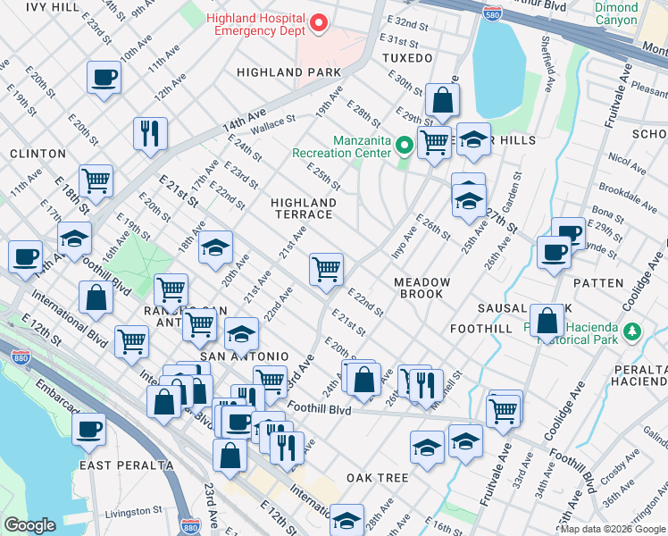 map of restaurants, bars, coffee shops, grocery stores, and more near 2248 East 22nd Street in Oakland