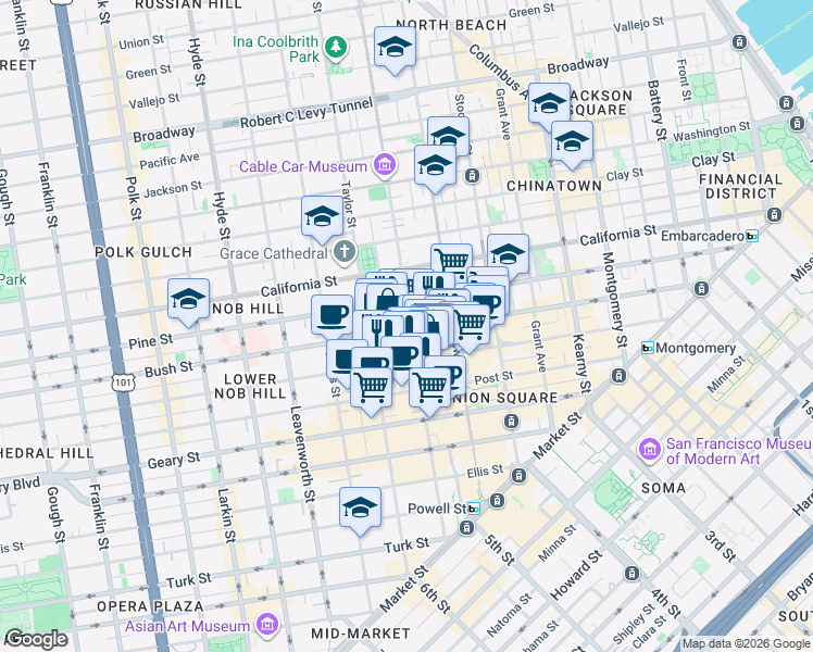 map of restaurants, bars, coffee shops, grocery stores, and more near 800 Bush Street in San Francisco