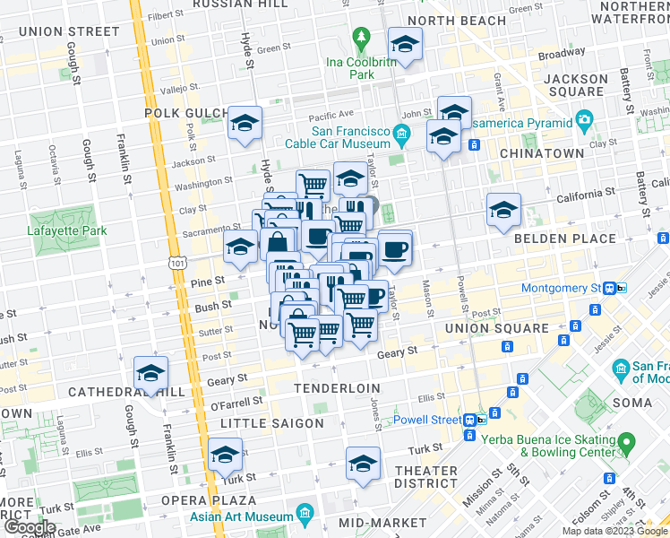 map of restaurants, bars, coffee shops, grocery stores, and more near 1145 Pine Street in San Francisco