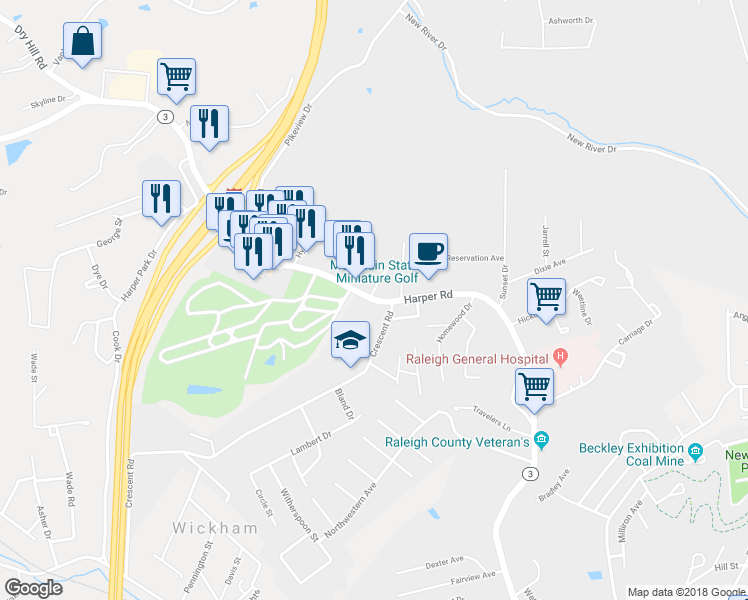 map of restaurants, bars, coffee shops, grocery stores, and more near 1911 Harper Road in Beckley