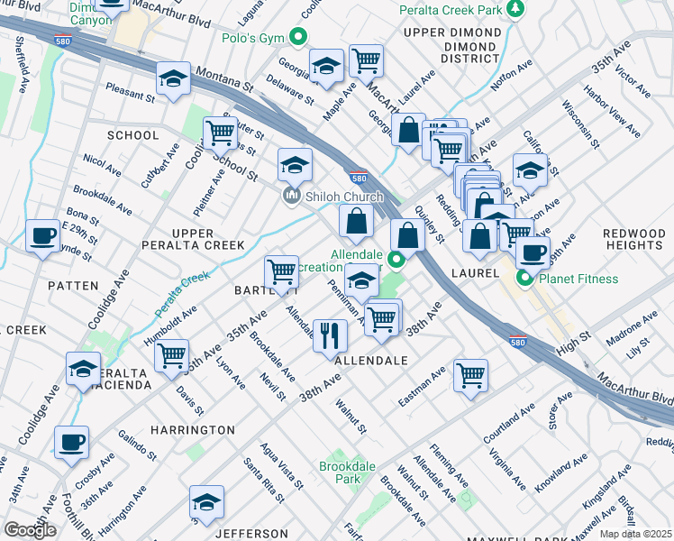 map of restaurants, bars, coffee shops, grocery stores, and more near 3529 Penniman Avenue in Oakland
