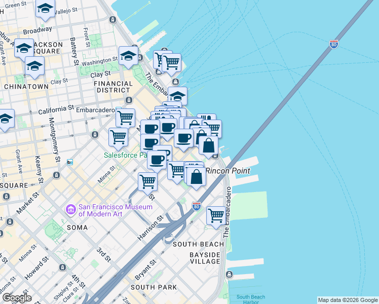 map of restaurants, bars, coffee shops, grocery stores, and more near Folsom St & Spear St in San Francisco