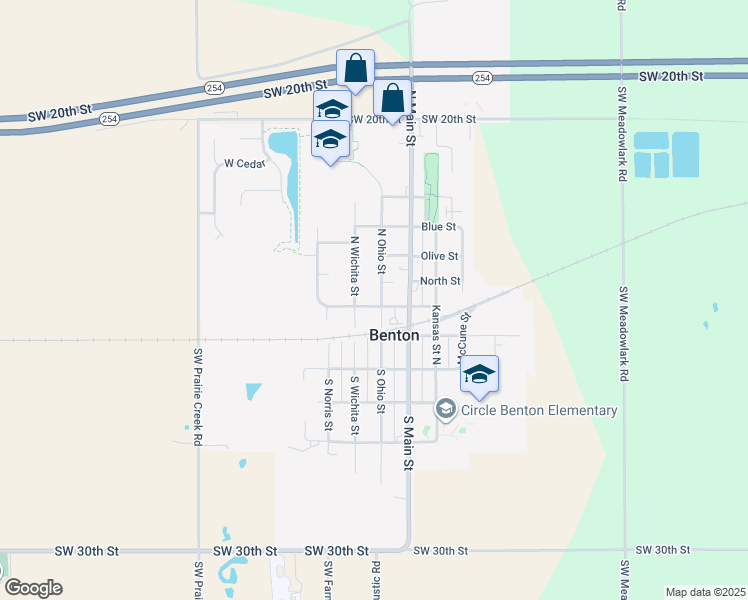 map of restaurants, bars, coffee shops, grocery stores, and more near 140 North Wichita Street in Benton