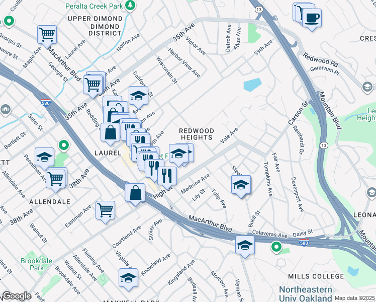 map of restaurants, bars, coffee shops, grocery stores, and more near 3800 Maybelle Avenue in Oakland