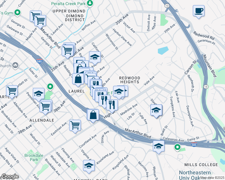map of restaurants, bars, coffee shops, grocery stores, and more near 3687 Maybelle Avenue in Oakland