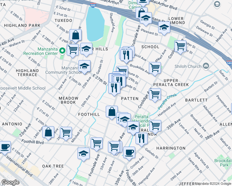 map of restaurants, bars, coffee shops, grocery stores, and more near 3115 Davis Street in Oakland