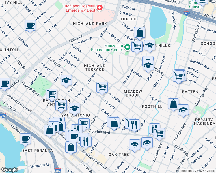 map of restaurants, bars, coffee shops, grocery stores, and more near 2206 23rd Avenue in Oakland