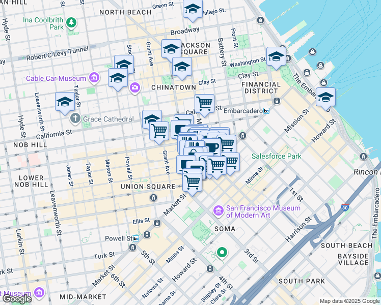 map of restaurants, bars, coffee shops, grocery stores, and more near 122/15 Montgomery Street in San Francisco