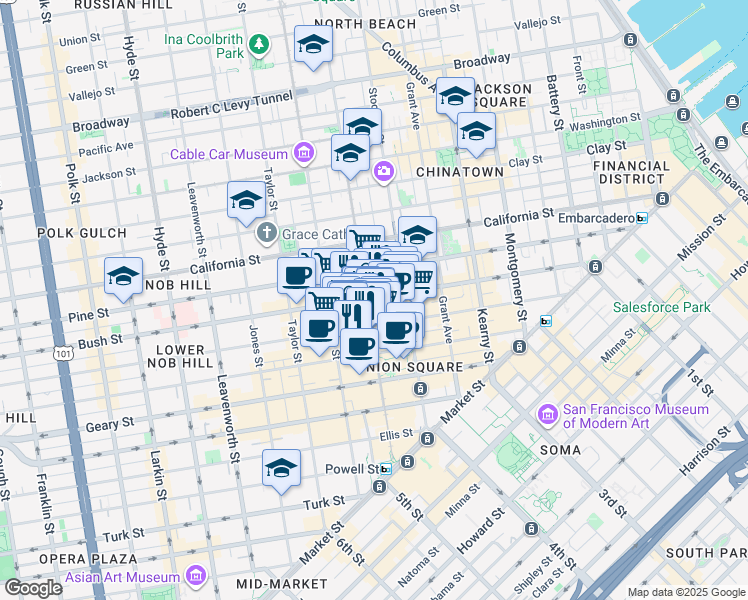 map of restaurants, bars, coffee shops, grocery stores, and more near in San Francisco
