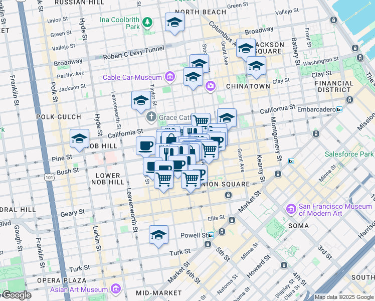 map of restaurants, bars, coffee shops, grocery stores, and more near in San Francisco