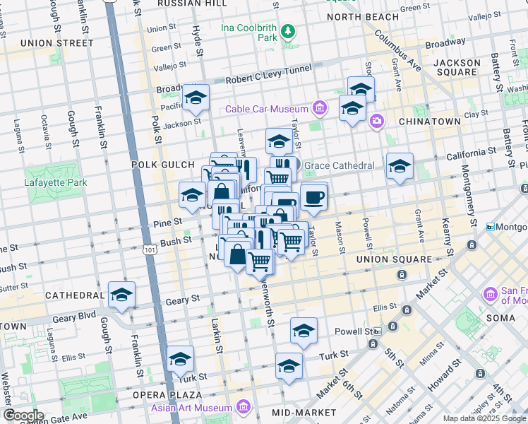 map of restaurants, bars, coffee shops, grocery stores, and more near 806 Sutter Street in San Francisco