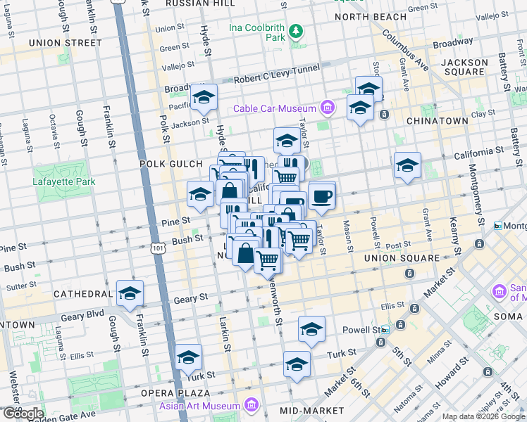 map of restaurants, bars, coffee shops, grocery stores, and more near 806 Sutter Street in San Francisco