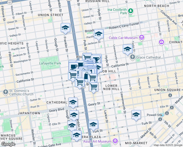 map of restaurants, bars, coffee shops, grocery stores, and more near 1430-1444 Bush Street in San Francisco