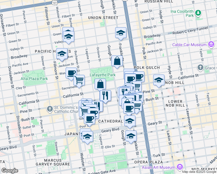 map of restaurants, bars, coffee shops, grocery stores, and more near 1987 California Street in San Francisco