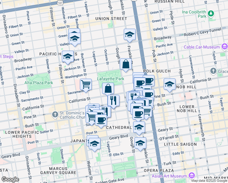 map of restaurants, bars, coffee shops, grocery stores, and more near 1987 California Street in San Francisco