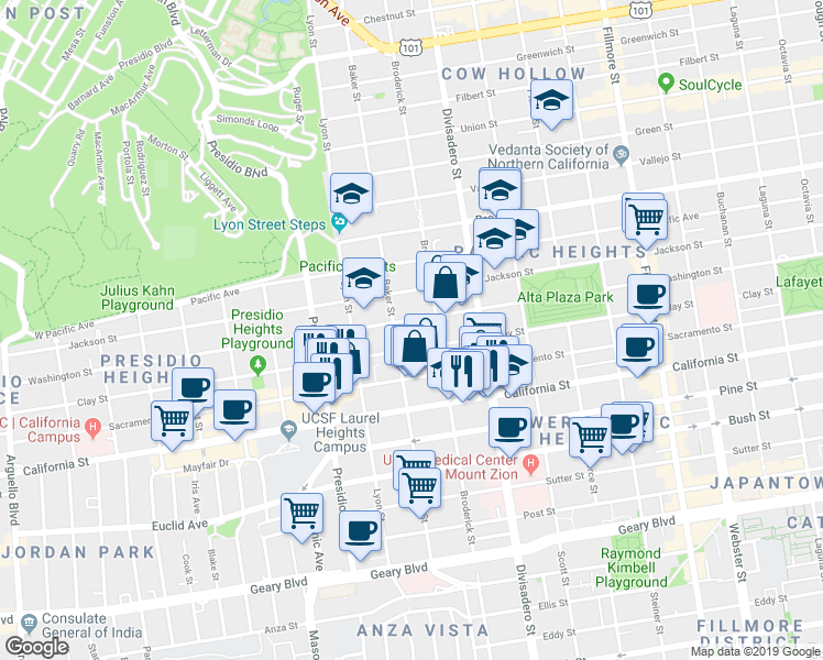 map of restaurants, bars, coffee shops, grocery stores, and more near 3065a Clay Street in San Francisco