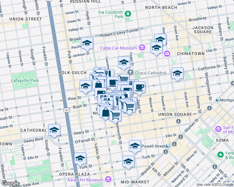 map of restaurants, bars, coffee shops, grocery stores, and more near 806 Sutter Street in San Francisco